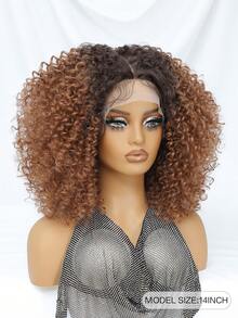 Peruca sintética afro cacheada curta ombré castanha com renda frontal de 14 polegadas, repartição em T, mechas baby hair e efeito volumoso para mulheres. - Multicolorido - Ver 7