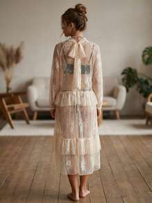 Blusas de encaje transparente para mujer, elegantes, transparentes, de manga larga, cuello alto, cortas, delanteras y largas, asimétricas, fluidas. - Beis - Ver 2