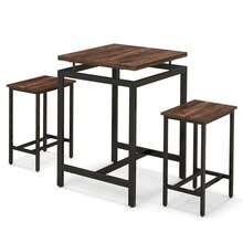 COSTWAY 3 Pieces Bar Table Set, Square Counter Height Table With Stools, Floating Tabletop & Footrest, Industrial Pub Table Set For Small Space, Breakfast Nook, Kitchen, Rustic Brown - Brown - View 10