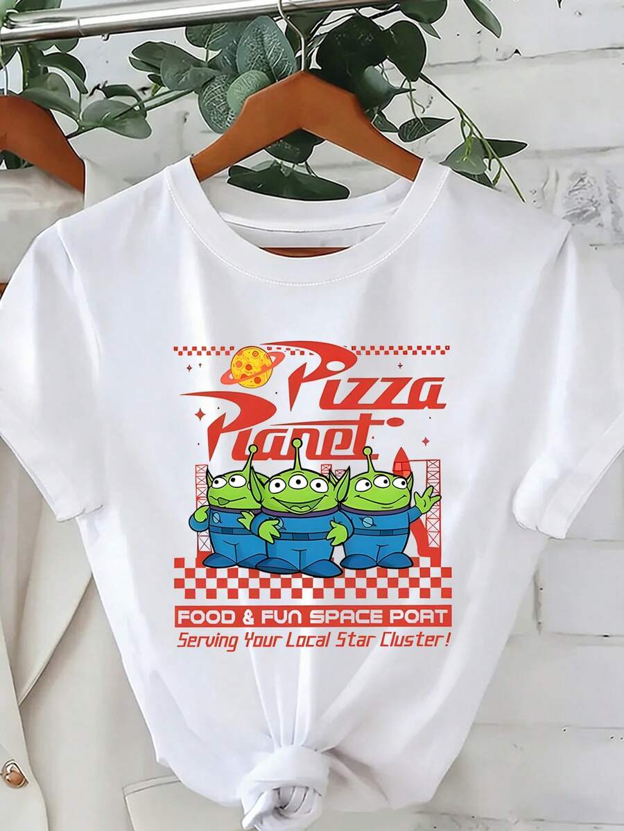 Disney Loose Fit Toy Story Three Eyed "Pizza Planet" Spaceport Printed T-Shirt, Suitable For Summer And Spring, Short Sleeved Tops, Women's Clothing, Holiday Gift Party Costumes. - 白色 - 查看 1