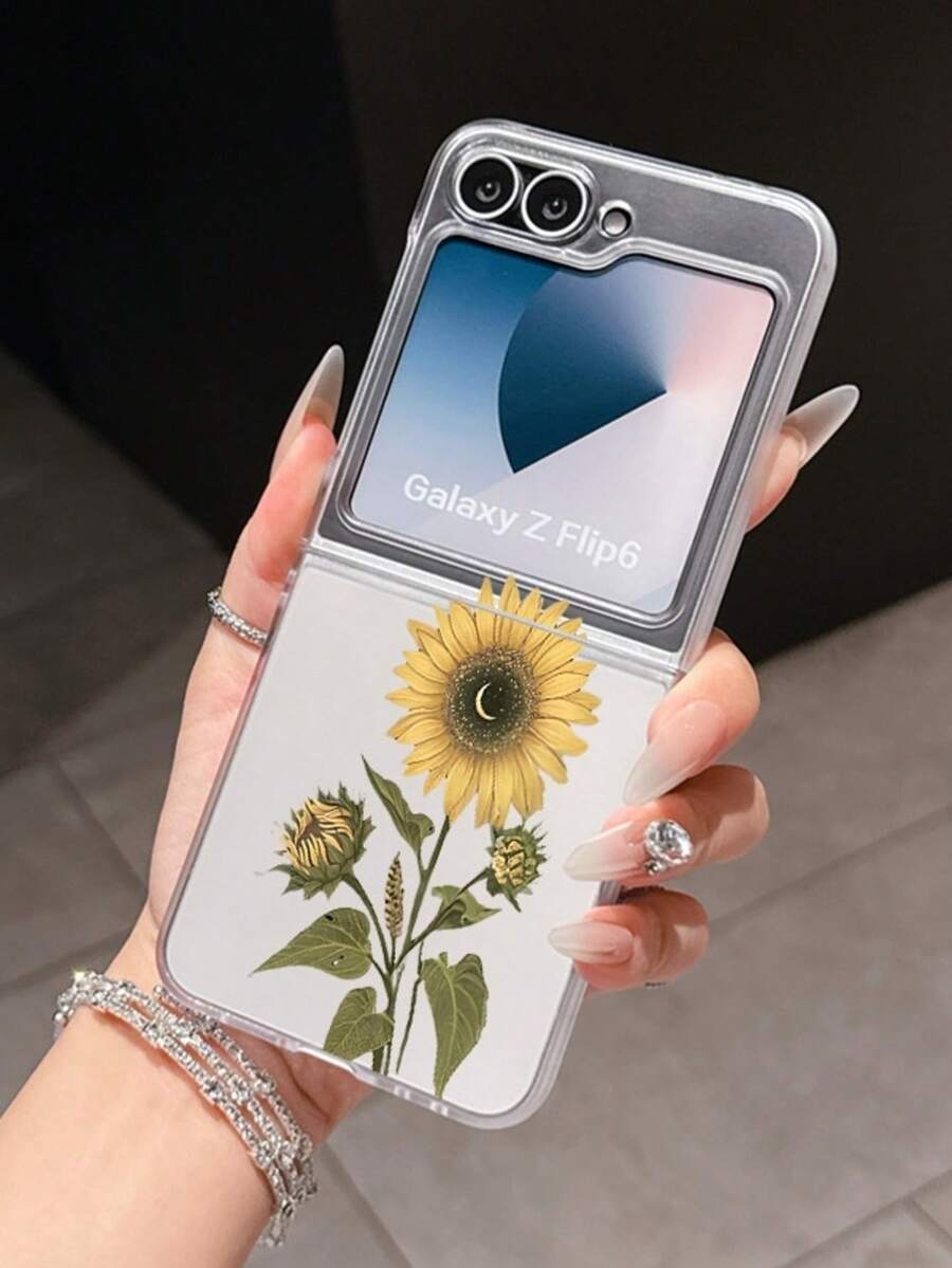 1pc Fashion Simple Matte PC Material Simple And Cute Sunflower Flower Element Folding Phone Case, Can Protect And Prevent Falling For: SamsungGalaxy Zflip 3/Zflip 4/Zflip 5/Zflip 6/Zflip 7/ Find N3 Flip/ Razr 50 Ultra/ Razr 60 Ultra/ 60/ Lola Razr 50/XiaomiMIX Flip/Galaxy Z Flip7 FE - Clear - View 1