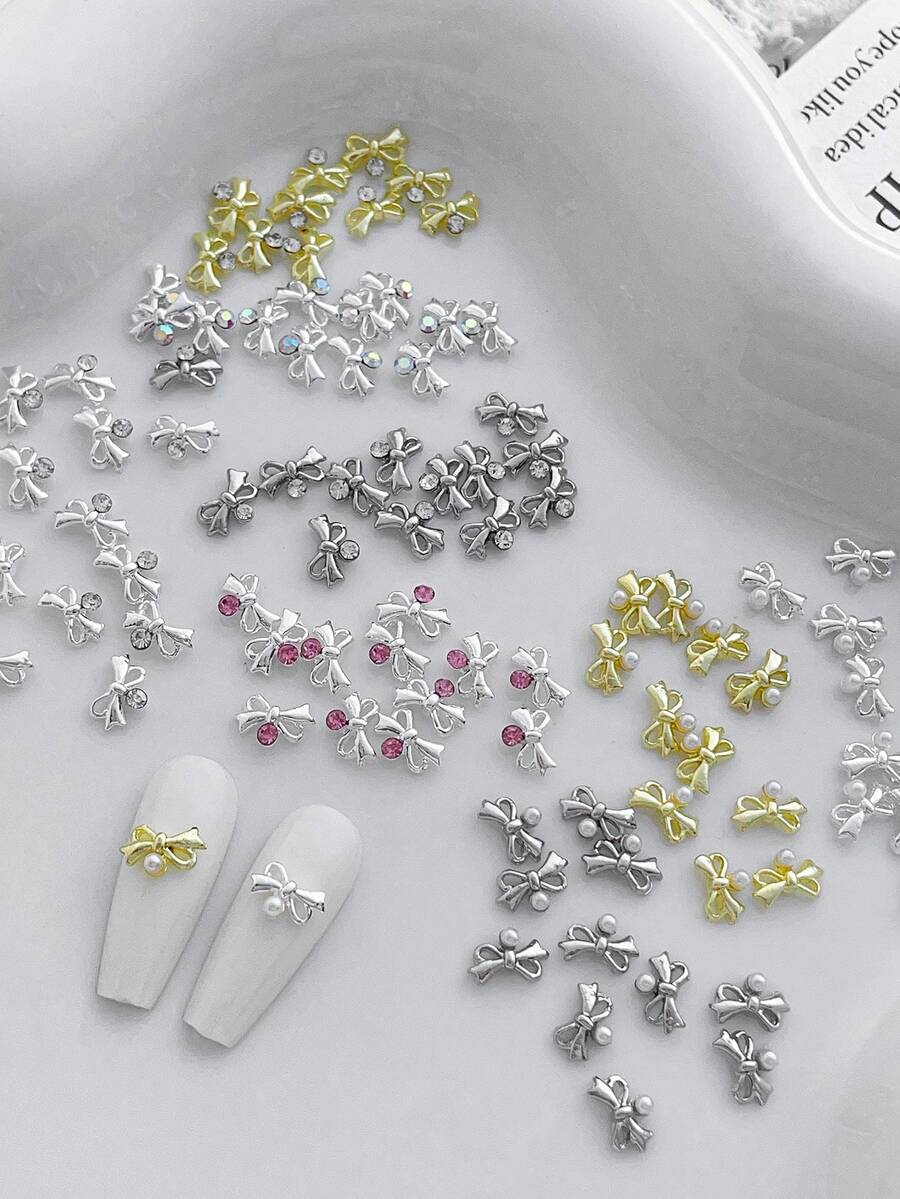 20pcs Nail Charms Nails, Nail Supplies, Mini Bow, Gold, Silver And White, Rhinestone-Encrusted Faux Pearl Nail Charms, French Style, Light Luxury, Metal Nail Supplies, Suitable For Travel, Music Festivals, And Celebrations; Shiny White Rhinestone Nail Gems, Suitable For Multi-Functional DIY Accessories. - Multicolor - View 1