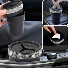 1pc Rhinestone Decorated Car Coin Storage Box, Black Luxury Rhinestone Car Coin Holder, Interior Small Item Storage, Shiny Decorative Practical Car Accessory - 1pc Diamond-encrusted Coin Storage Box - View 2