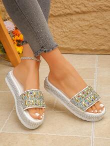 2026 New Rhinestone Embellished Thick Sole Wedge Slippers, Shiny Solid Color Unisex Crystal Sandals For Outdoor Wear, Spring/Summer - White - View 4