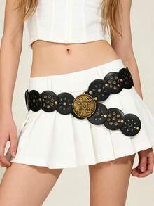 1pc Cowgirl Style Bohemian Leather Belt For Women, Western Belts, BOHO Belts, Y2K Accessories, Bronze Floral Oval Buckle Metal Eyelet Oval Patch Black Waist Belt, Dress Accessory, Suitable For Party, Beach, Music Festival - Black - View 2