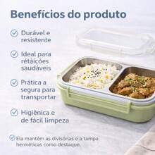 800ml Thermal Lunch Box With 2 Stainless Steel Compartments, Airtight Seal And Transparent Lid - 綠色 - 查看 3