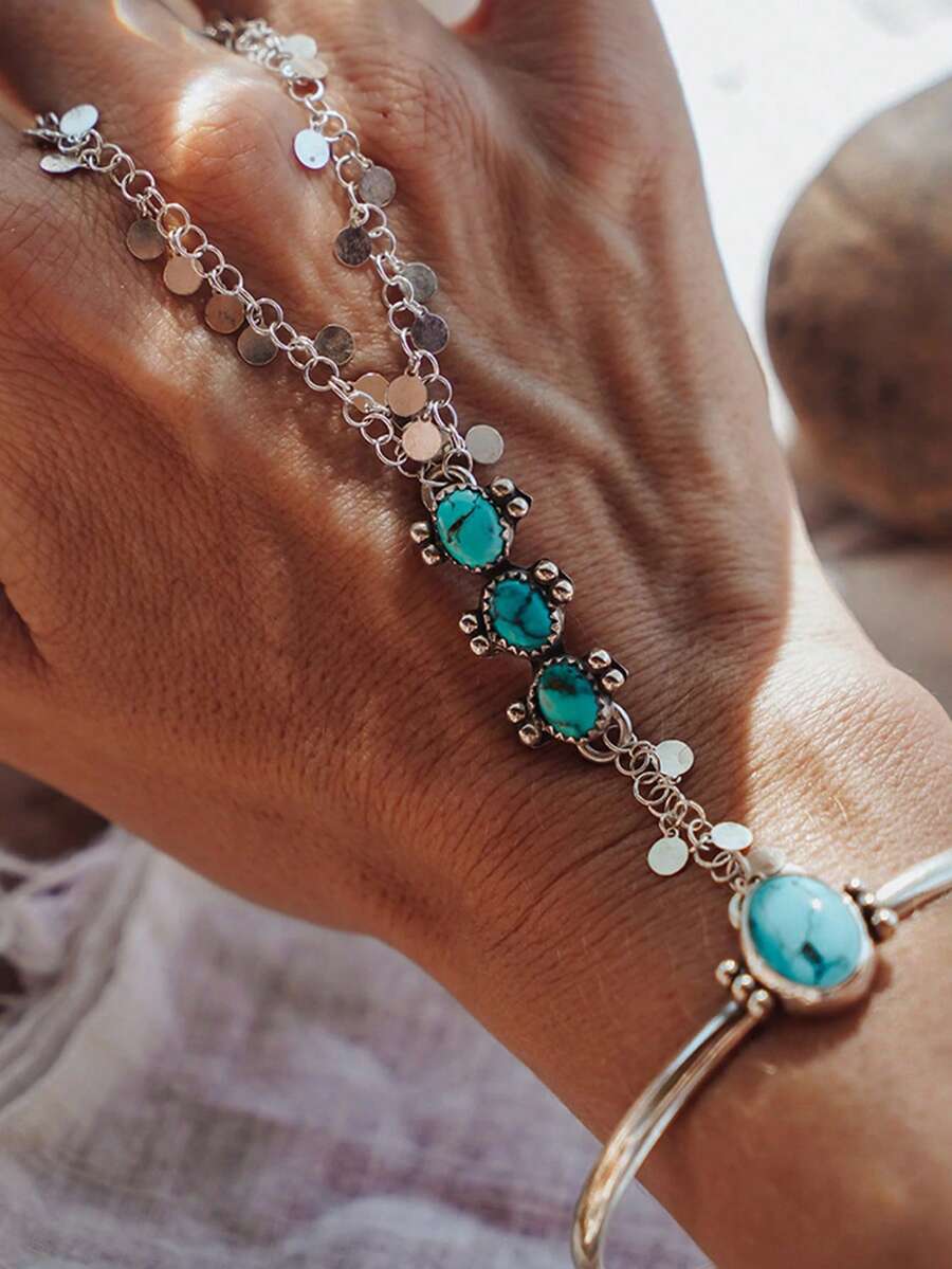 1pc Bohemian Vintage Faux Turquoise Disc Pendant Open Cuff Bracelet, Suitable For Daily, Casual, Beach Vacation Matching