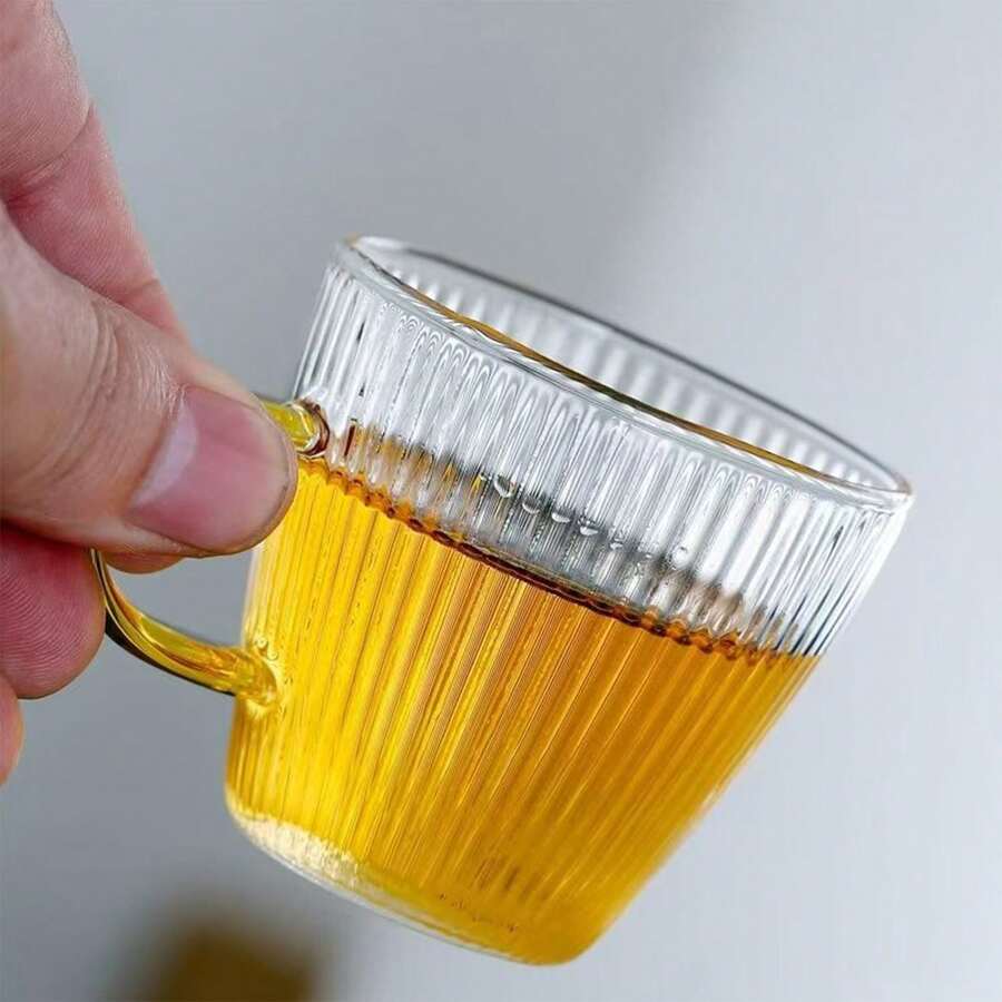 2pcs/Set High Temperature Resistant Vertical Striped Glass Cup, Small Tea Cup, Glass Cup With Handle, Household Glass Cup, Transparent Tea Cup Set, Mini Espresso Cup, Suitable For Tea, Coffee, Cold & Hot Drinks, Gift - Clear - View 1