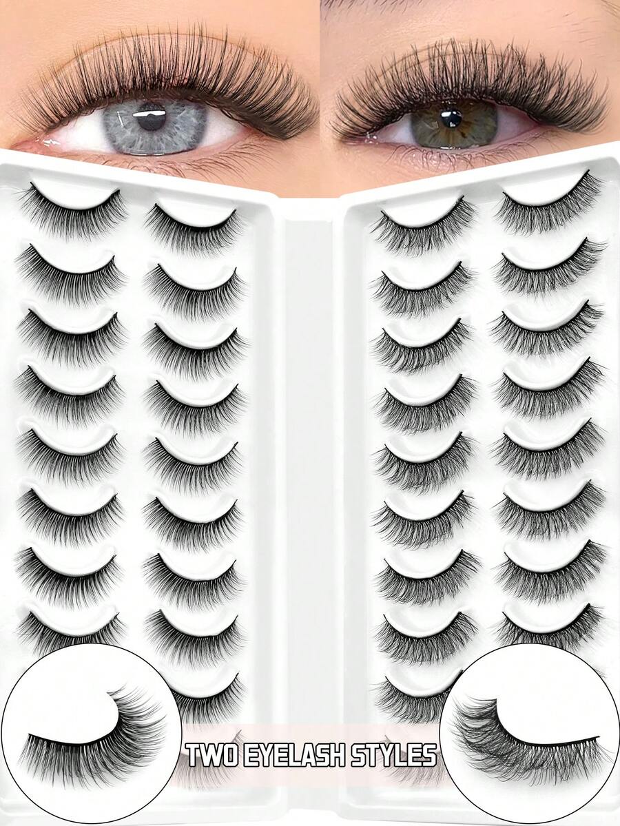 GROINNEYA 20对装两种款式混合装假睫毛，仿貂毛材质，蓬松纤长，浓密柔软，适合日常约会、外出和派对等场合。 - 查看 1
