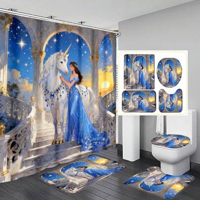 1pc/3pcs/4pcs Fairy Tale Palace Style Starry Unicorn Multifunctional Bathroom Decor Shower Curtain Set, Free 12 Hooks Included, Elegant Holiday Atmosphere, Bathroom Mat, U-Shaped Toilet Mat And Round Toilet Mat, Suitable For All Scenarios Bathroom Set