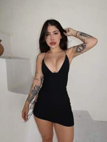 Short Women's Summer Dress - màu đen - Xem 8