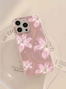 1pc Fashionable Pink Flower Patchwork Pattern Waterproof, Fingerprint-Proof, Scratch-Resistant Transparent IMD Soft Glossy Smooth Phone Case - Multicolor - View 4