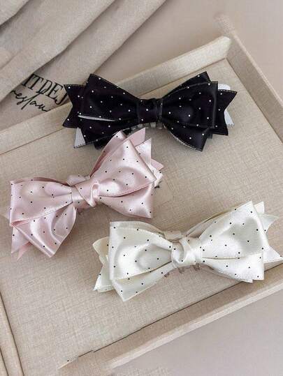 1pc Korean Satin Polka Dot Bow Hair Clip, Elegant Sophisticated Banana Clip Hair Accessory For Women