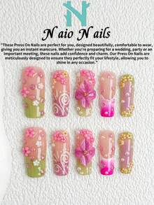 NAIO 10片/套 春夏手工按压式美甲贴片，棺材形/杏仁形/短方形甲片，Y2K 坏女孩风格，裸色、绿色、粉色，法式边，浅绿色渐变，腮红晕染，闪粉，浮雕花朵，金属，花卉，珍珠镶嵌配件，乳霜质地，适合女性和女孩，派对，日常佩戴，附赠工具包，女士美甲用品的绝佳礼物 - 彩色 - 查看 11