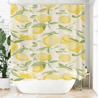 1 chiếc rèm tắm vải màu vàng chanh, chất liệu polyester, chống thấm nước, không cản sáng, thích hợp trang trí nhà cửa và phòng tắm, kèm theo 12 móc treo.