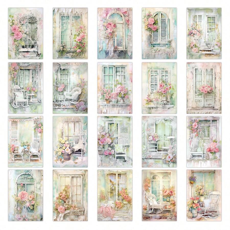 20pcs Vintage Floral Window Wall Decal Set - Pink Retro Cottage Window Poster, Elegant French Country Style Bedroom Wall Art Decor - A - View 1