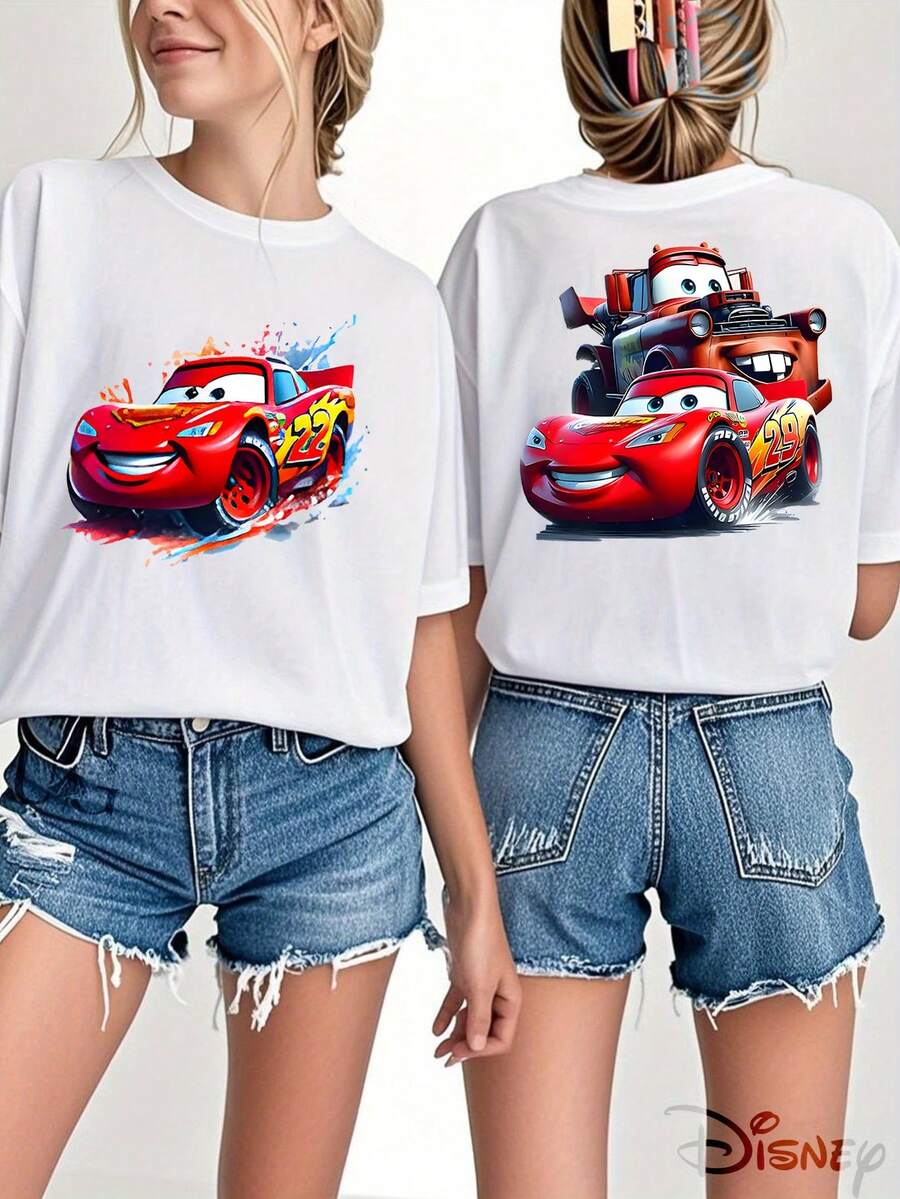 Authorized By Disney, Disney's "Car Story" Lightning McQueen And  Mo Theme Print 100% Cotton T-Shirt-Creative Cartoon Print, Breathable Light Fabric, Regular Round Neck Street Casual Shirt In Spring And Summer, Disney Shirt, Excellent Holiday Gift, Loose Version. - White - View 1