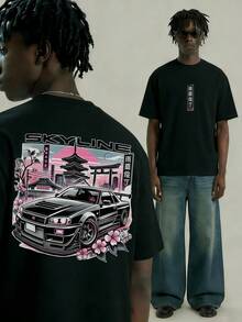 Fractyr Men's Fashionable Printed Loose Short Sleeve T-Shirt | Exquisite Design | Racing Car & Cherry Blossom Print | Summer Essential | Easy To Match, Showcase Your Style - Black - View 5