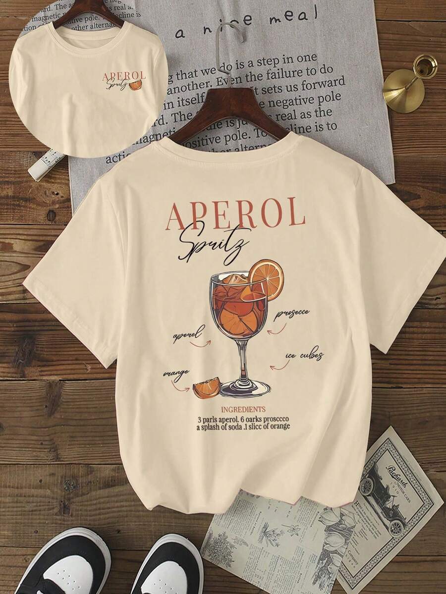 休闲夏日鸡尾酒：米色 Aperol Spritz 图案 T 恤，展现轻松夏日氛围 - 杏色 - 查看 1