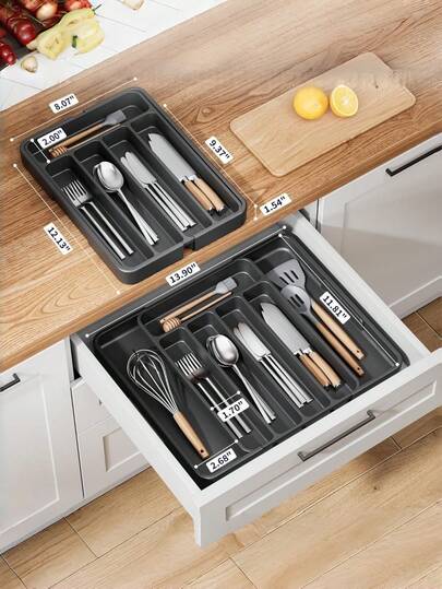 1 قطعة منظم درج أدوات المائدة البلاستيكية الرمادية القابلة للتمدد، تصميم متعدد الأقسام، تخزين متعدد الاستخدامات للأدوات المعدنية والأدوات والأجهزة المطبخية، مثالي لتنظيم المطبخ الحديث