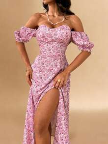 Vestido de Verão WOWDARK, Vestido de Festa com Decote Nas Costas, Manga Bufante, Estampa Floral Rosa e Bainha Dividida, Vestido Elegante Adequado para Dia dos Namorados, Encontros, Reuniões, Festas, Viagens, Férias, Casamento na Praia na Primavera - Rosa chiclete - Visão 2