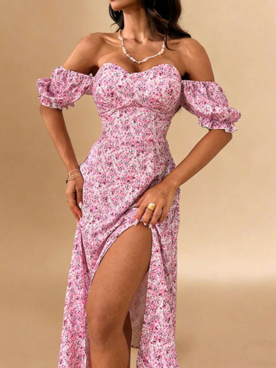 Vestido de Verão WOWDARK, Vestido de Festa com Decote Nas Costas, Manga Bufante, Estampa Floral Rosa e Bainha Dividida, Vestido Elegante Adequado para Dia dos Namorados, Encontros, Reuniões, Festas, Viagens, Férias, Casamento na Praia na Primavera