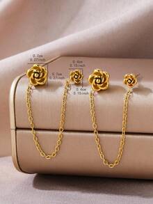 2pcs Elegant Camellia Flower Ear Cuff Earrings With Chain, Double Ear Cartilage Piercing Earrings, 18K Gold Plated Stainless Steel Fashion Jewelry, Women Daily Accessories - Gold - View 3