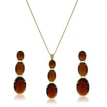 Women's Set: Necklace, Pendant, Long Earrings, Party Style, Oval Cubic Zirconia, Gold-Plated Costume Jewelry - marrom - 查看 6