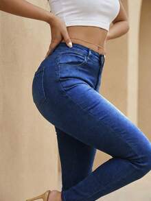 New Washed Slim-Fit Women's Jeans, Casual & Commuting - Dark Wash - View 3