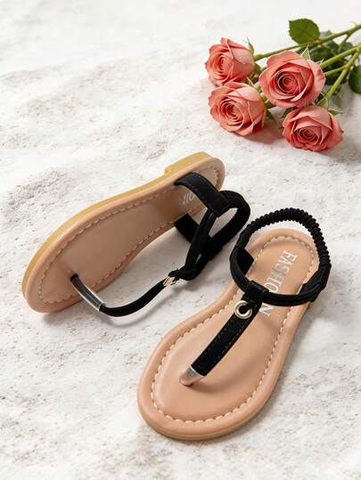 1 đôi dép xỏ ngón thời trang cho bé gái, đế mềm chống trượt, quai co giãn, kiểu dáng đế bằng, dễ phối đồ, thích hợp cho các chuyến đi chơi mùa hè, mặc hàng ngày, đám cưới, tiệc bãi biển.