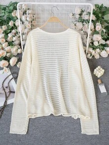 女士镂空长袖针织开衫，透气舒适，落肩针织外套，休闲舒适春季上衣 - 杏色 - 查看 7