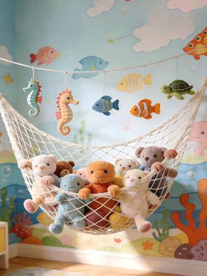 1个毛绒玩具悬挂式收纳架，壁挂式玩具收纳网，手工渔网，儿童房悬挂式收纳架，大容量毛绒玩具收纳架，节省空间的卧室网状吊床，坚固易安装的家居收纳架，不含LED灯