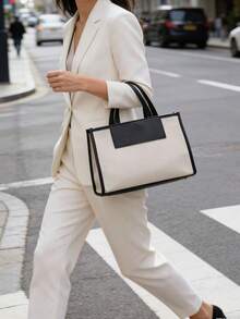 帆布皮革饰边女士手提包 - 大容量办公通勤单肩包，配有双提手，适合办公、旅行和日常使用 - 黑色 - 查看 7