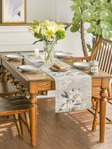 1pc Spring White Floral Print Table Runner - Polyester Woven Rectangular Dust-Proof And Wipeable Tablecloth For Home Party Decor, Aesthetic Room Decoration, Lily Design - Multicolor - View 6
