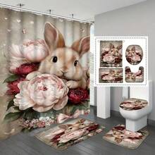 1/3/4件套复活节兔子主题浴室套装，包含彩蛋图案浴帘和防滑地垫，是完美的春季家居浴室装饰，也是实用又美观的礼物。 - B - 查看 1