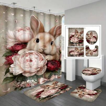 Bộ đồ dùng phòng tắm chủ đề Thỏ Phục Sinh (1/3/4 món), bao gồm rèm tắm vải họa tiết trứng và thảm tắm chống trượt, trang trí phòng tắm mùa xuân hoàn hảo, quà tặng trang trí thiết thực.