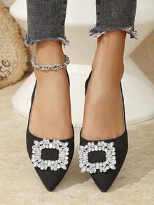 Giày sandal nữ mũi vuông đính đá, kiểu dáng thanh lịch, thoải mái, quai ngang mắt cá chân, màu trơn, đa năng, phù hợp cho các dịp thường ngày, trang trọng, công sở và tiệc tùng. - Kim cương đen - Xem 2