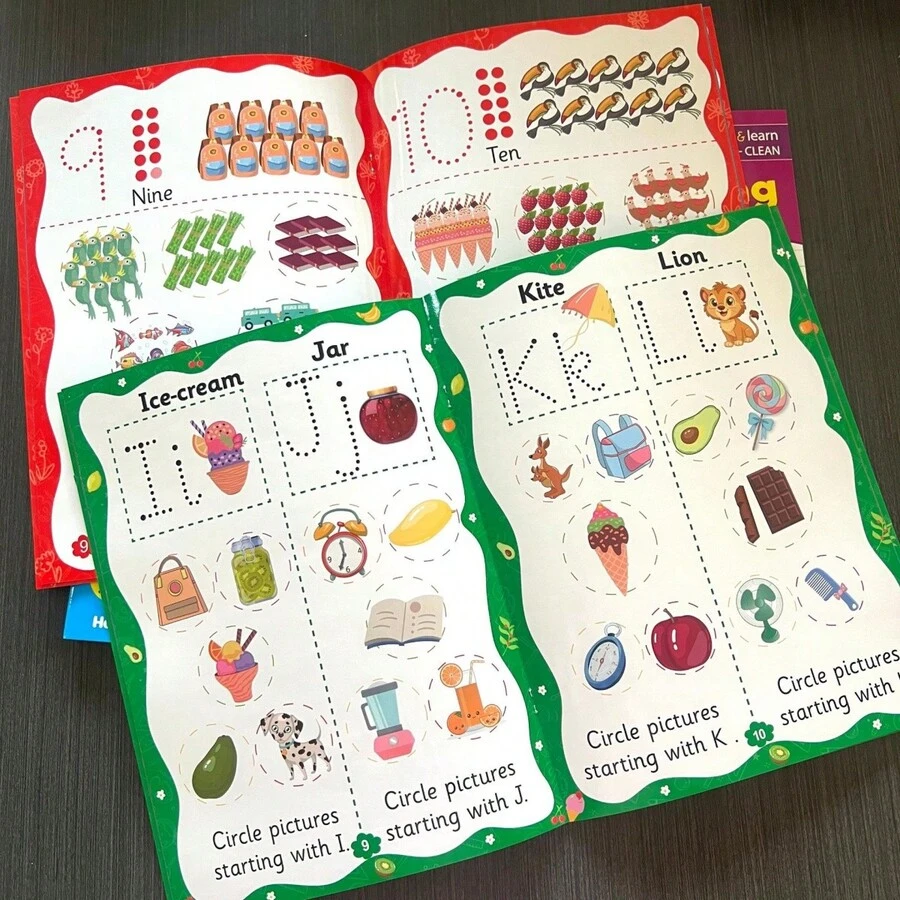 18页 - A4尺寸早期教育可重复使用手写练习册，包含字母、数字、线条、英文书写，共4册，适合3-6岁学龄前儿童，专注力训练 - 彩色 - 查看 1