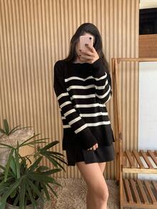 Striped Long-Sleeved Knit Sweater Top, Warm And Comfortable. - Black - View 6