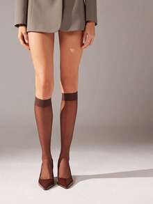 5 Pairs Brown Semi-Sheer Mid-Calf Socks For Women, Fashionable & Versatile, Suitable For Daily Wear, Comfortable & Warm - Multicolor - View 1
