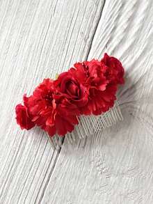 1pc Women's Faux Fabric Solid Color Flower Hair Comb, Fashionable Shiny Rose Greenery Hair Clip Side Comb, Suitable For Summer Beach Vacation, Autumn Decoration, School Supplies - Multicolor - View 14