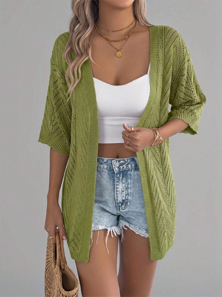 Summer New Hollow Out Short Sleeve Knit Cardigan, Vacation Beach Cover Up Thin Jacket For Women - Green - View 1
