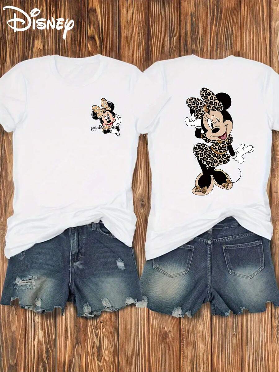 Disney (Loose Version) Cut Women Minnie Mouse Leopard Print Cotton Short Sleeve Round Neck T-Shirt Regular Length Is Suitable For Summer And Spring, Short-Sleeved Tops, Ladies' Clothes, Holiday Gift Party Clothes. - trắng - Xem 1