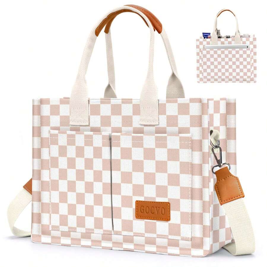 Large Capacity Canvas Tote Bag For Women,Women's Bags Crossbody Bags Work Laptop Tote Bag Large Handbags Purse, With Zipper Closure & Individual Compartments For Work College For Teacher & Nurse Crossbody Work Bible Messenger Purse Bag With Pockets - 卡其格子 - 查看 1