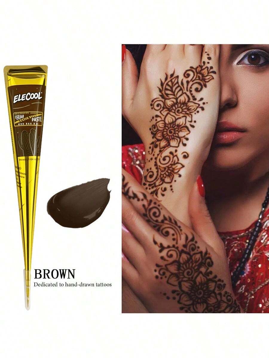 Henna Cone Tattoo Kit Available In Multiple Colors, 12 Random Reusable Stencils | Pre-Mixed Natural Mehndi Paste For Temporary Body Art | Waterproof, Smudge-Proof, Long-Lasting | DIY Kit Suitable For Beginners For Parties, Festivals, Halloween, And Weddings - 紅色+棕色 - 查看 1
