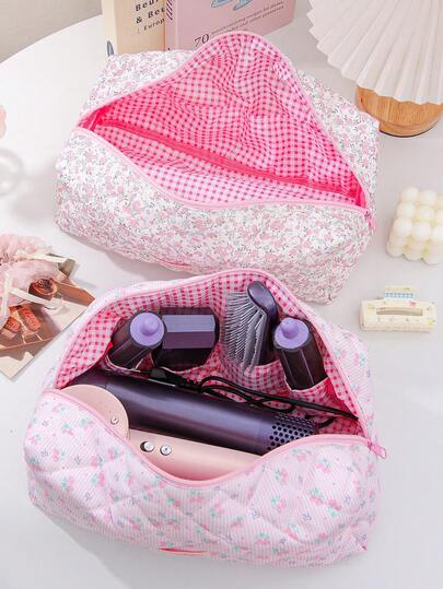 1pc Floral Quilted Hair Dryer Storage Bag, With Inner Pockets To Hold Hair Dryer, Styling Tools, Curling Iron, Hair Clips, Straightener, Ideal For Home & Travel, Also Great As Cosmetic Bag, Travel Essentials, Dorm Supplies, Perfect Gift For Mom, Teacher, Bridesmaid, Valentine's Day, Mother's Day