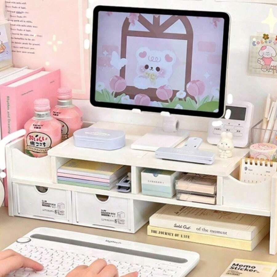 Desktop Monitor Stand With Storage Drawer - White - View 1