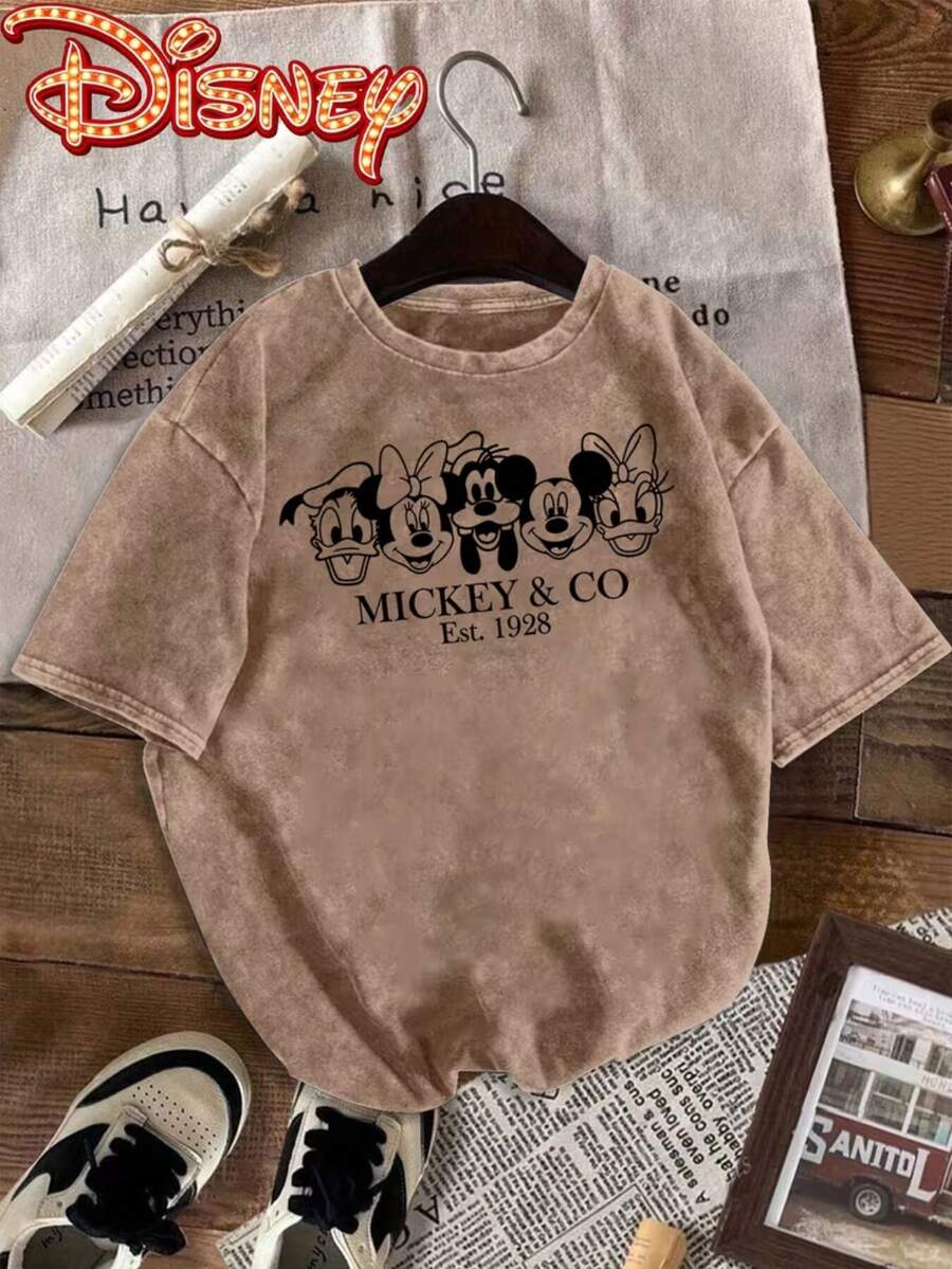 Disney Minnie Mouse Leopard Print Suit Fashion Glasses Playful Cartoon Creative Print Stylish Oversized Vintage T Shirt 2026 Spring Summer Crew Neck T Shirt Vintage Fashion Lovers Popular Vintage Crew Neck T Shirt - Khaki - View 1