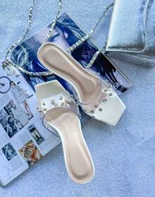Women's Mule Sandal With Vinyl Rhinestones / Transparent, Elegant, 7cm - Holographic - 白色 - 查看 6