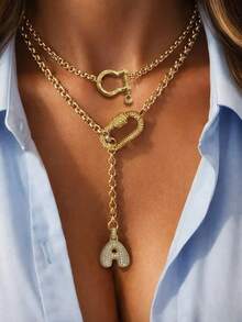 1pc Women's Round Bead Chain Necklace With 3D Letter Pendant And Mountain-Shaped Clasp, Elegant Sophisticated Fashion Design, Suitable For Holidays Or Parties - Golden - View 3